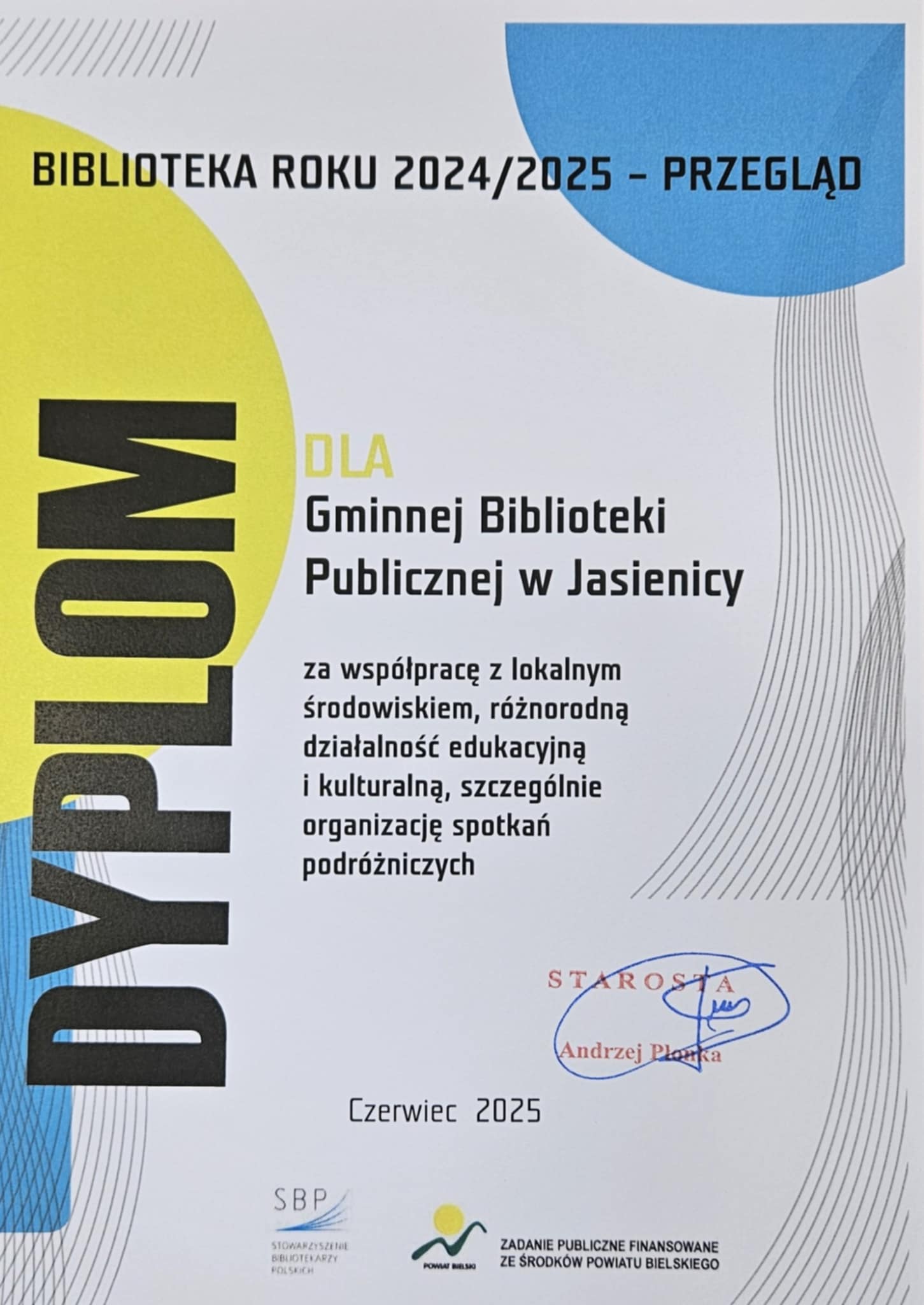 Dyplom wyróżnienie dla GBP w Jasienicy