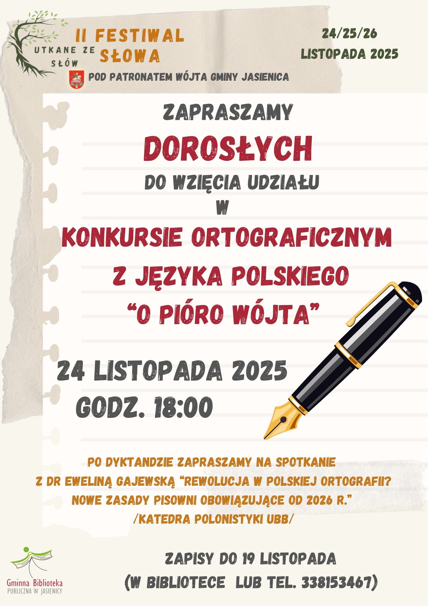 Plakat o konkursie ortograficznym z j. polskiego "O pióro Wójta" 