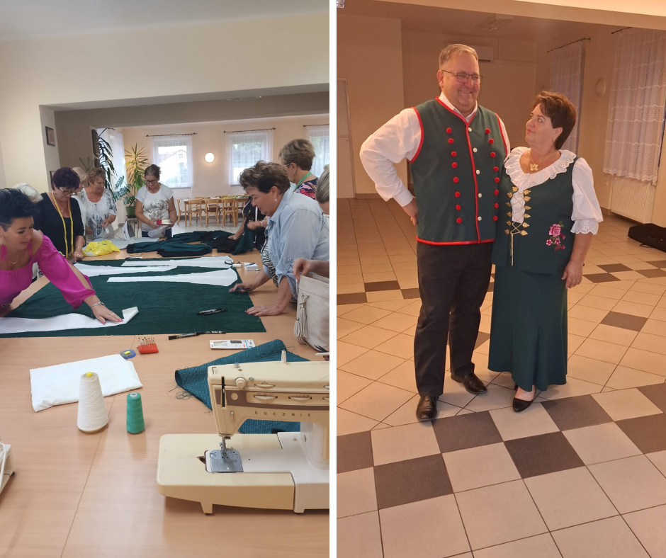 Mieszkanki Bielowicka podczas warsztatów szycia i efekty ich prac.