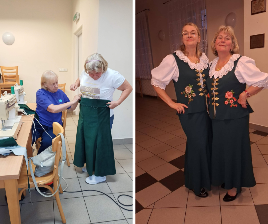 Mieszkanki Bielowicka podczas warsztatów szycia i efekty ich prac.