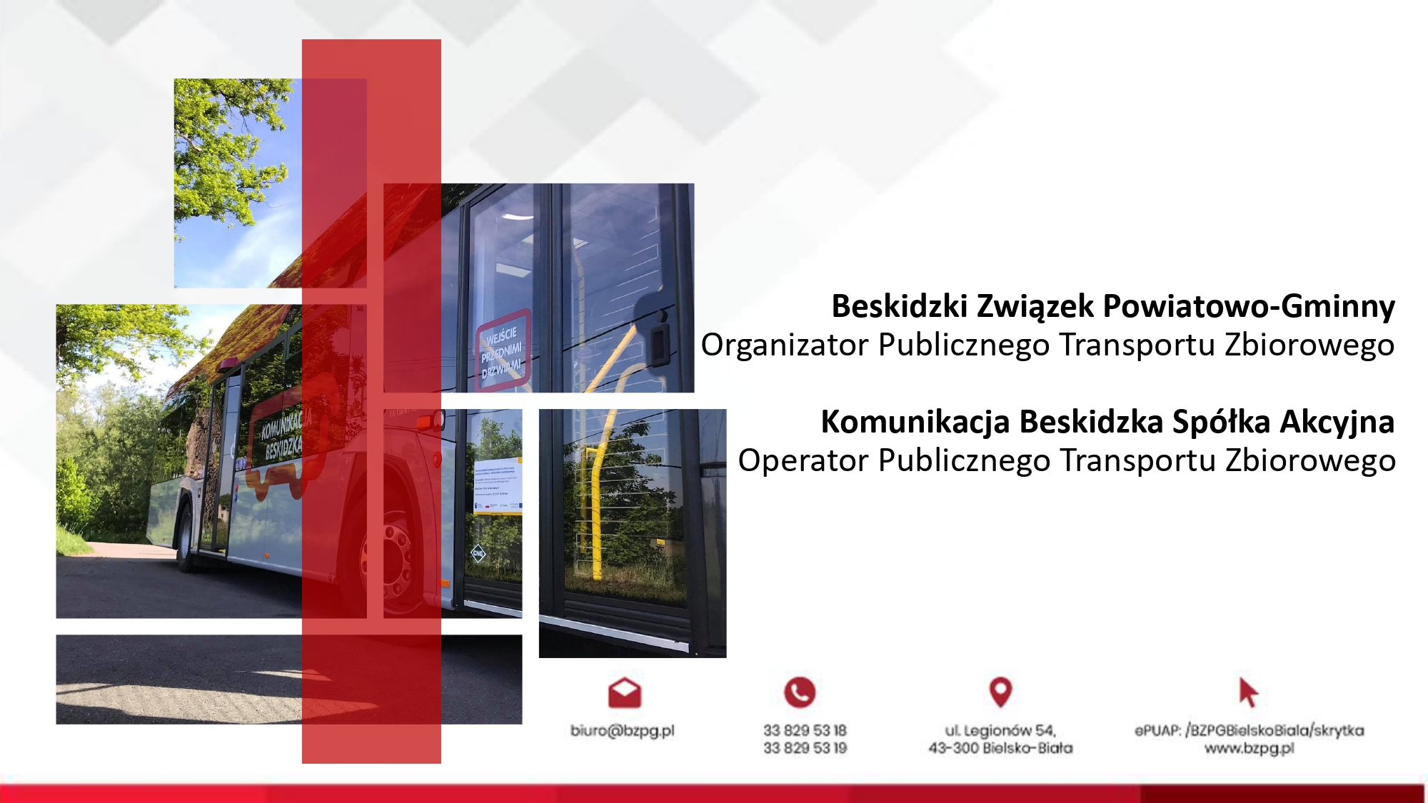 Pierwsza strona prezentacji na temat transportu publicznego zbiorowego.