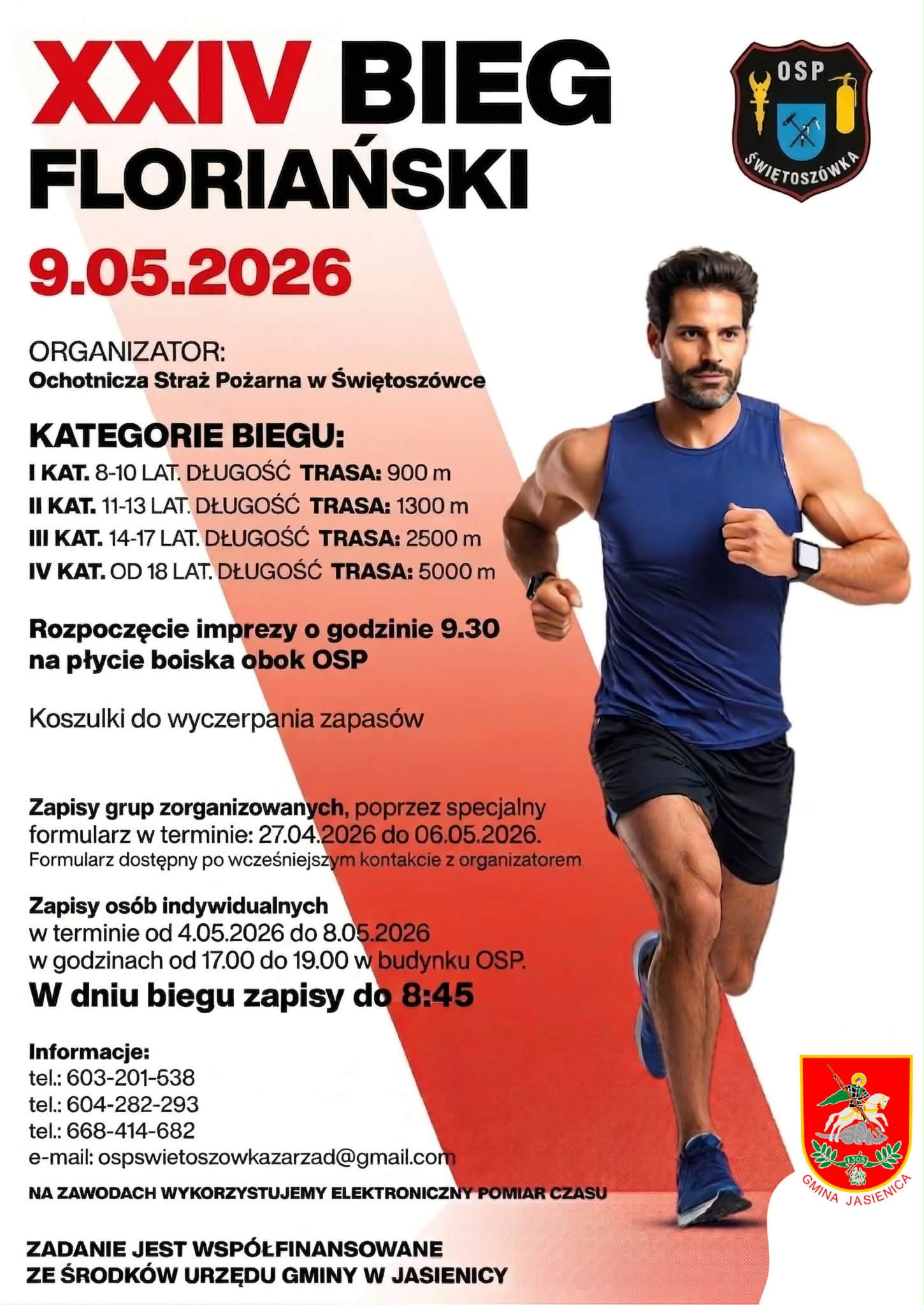 Plakat dotyczący wydarzenia "XXIV Bieg Floriański", które odbędzie się 9 maja tego roku w Świętoszówce.