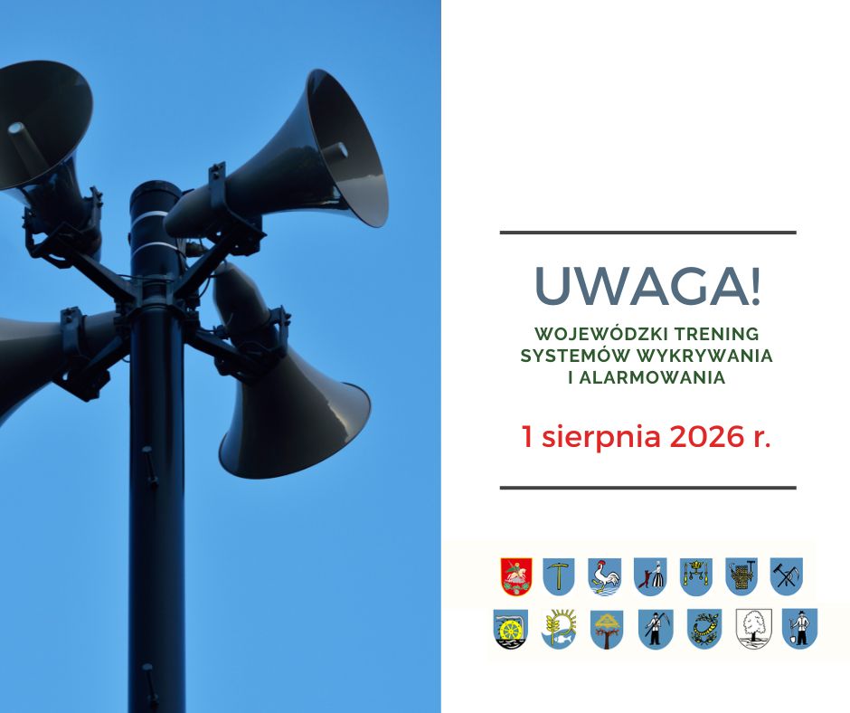 Plakat do komunikatu przedstawiający syrenę alarmową z godzinami i datą przeprowadzenia testu.