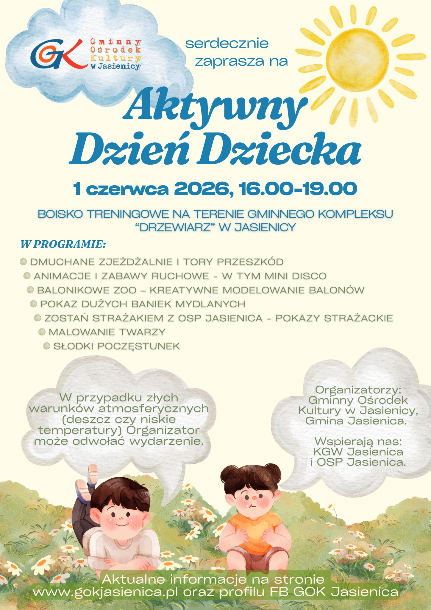 Plakat dotyczący wydarzenia w Jasienicy "Aktywny Dzień Dziecka", które odbędzie się 1 czerwca.