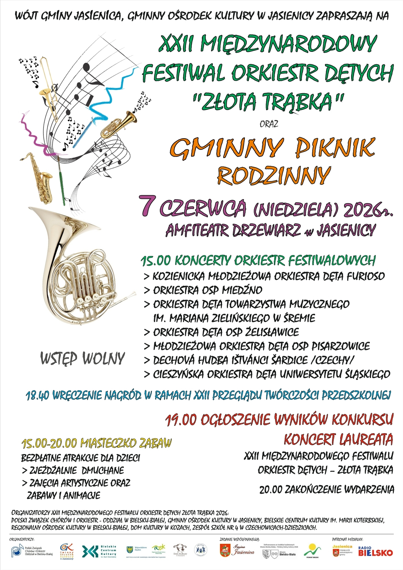 Plakat dotyczący wydarzenia w Gminie Jasienica "Gminny Piknik Rodzinny oraz XXII Międzynarodowy Festiwal Orkiestr Dętych „Złota Trąbka”, które odbędzie się 7 czerwca.