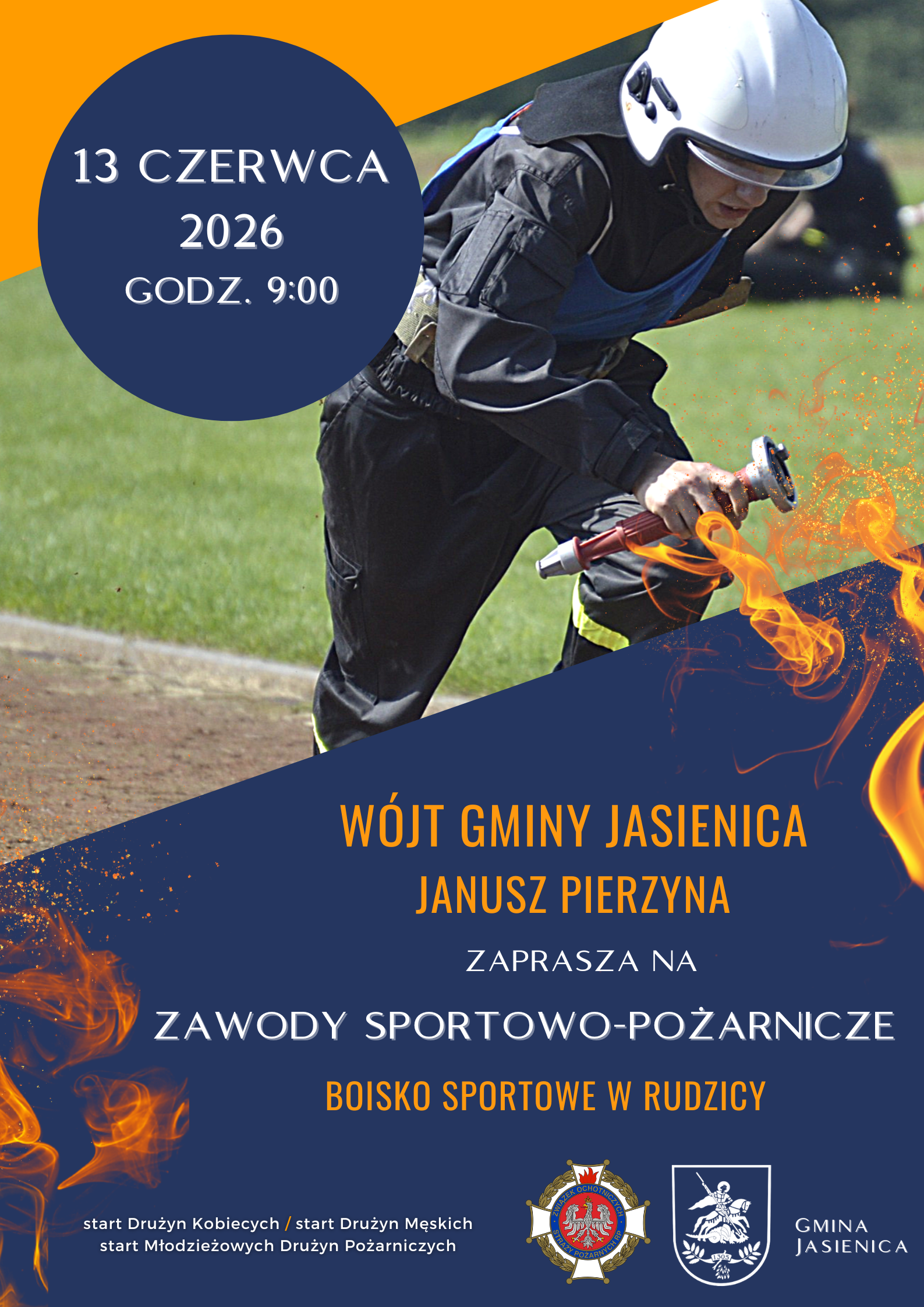 Plakat dotyczący Zawodów Sportowo-Pożarniczych, które odbędą się 7 czerwca, w sobotę, na boisku sportowym w Rudzicy.