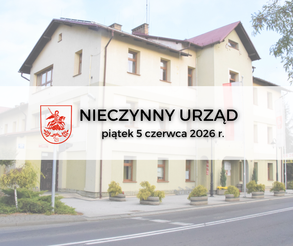 Grafika informująca o nieczynnym urzędzie w piątek 5 czerwca 2026 roku na tle budynku urzędu gminy Jasienica.