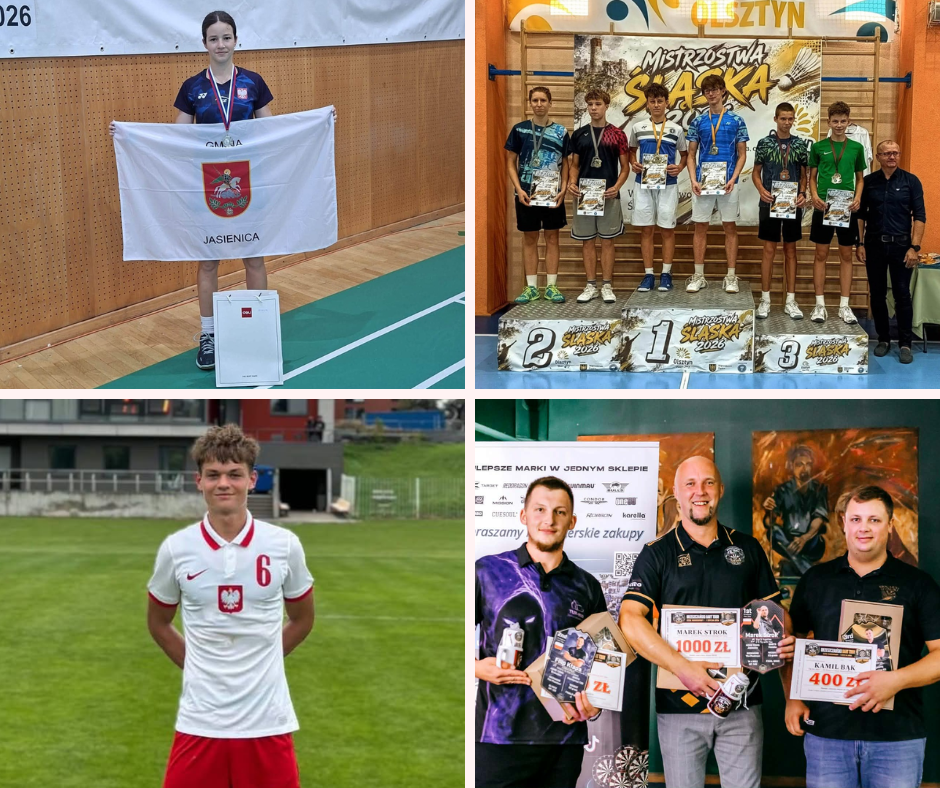 Kolaż czterech zdjęć przedstawiających młodych sportowców z gminy Jasienica podczas zawodów i ceremonii medalowych. Na zdjęciach zawodnicy prezentują flagę z herbem Jasienicy, odbierają medale oraz występują w reprezentacji Polski.