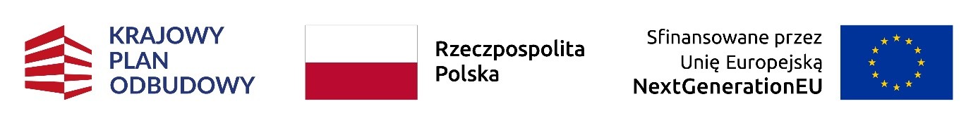 Logotypy informujące o finansowaniu projektu z Krajowego Planu Odbudowy, Rzeczypospolitej Polskiej oraz Unii Europejskiej NextGenerationEU.