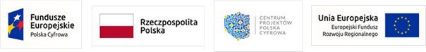 Logo: od lewej Fundusze Europejskie, Rzeczpospolita Polska, Cyfrowa Polska, Unia Europejska