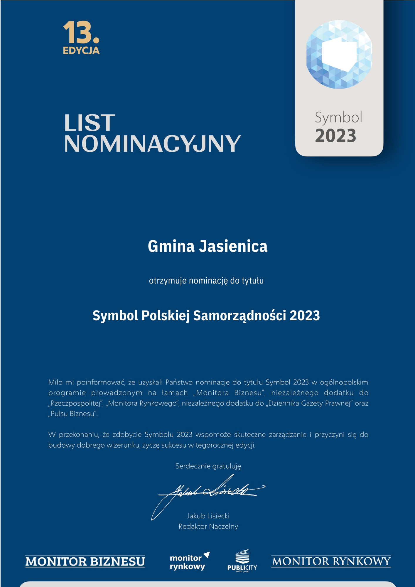 List nominacyjny dla Gminy Jasienica - „Symbol Polskiej Samorządności 2023”.