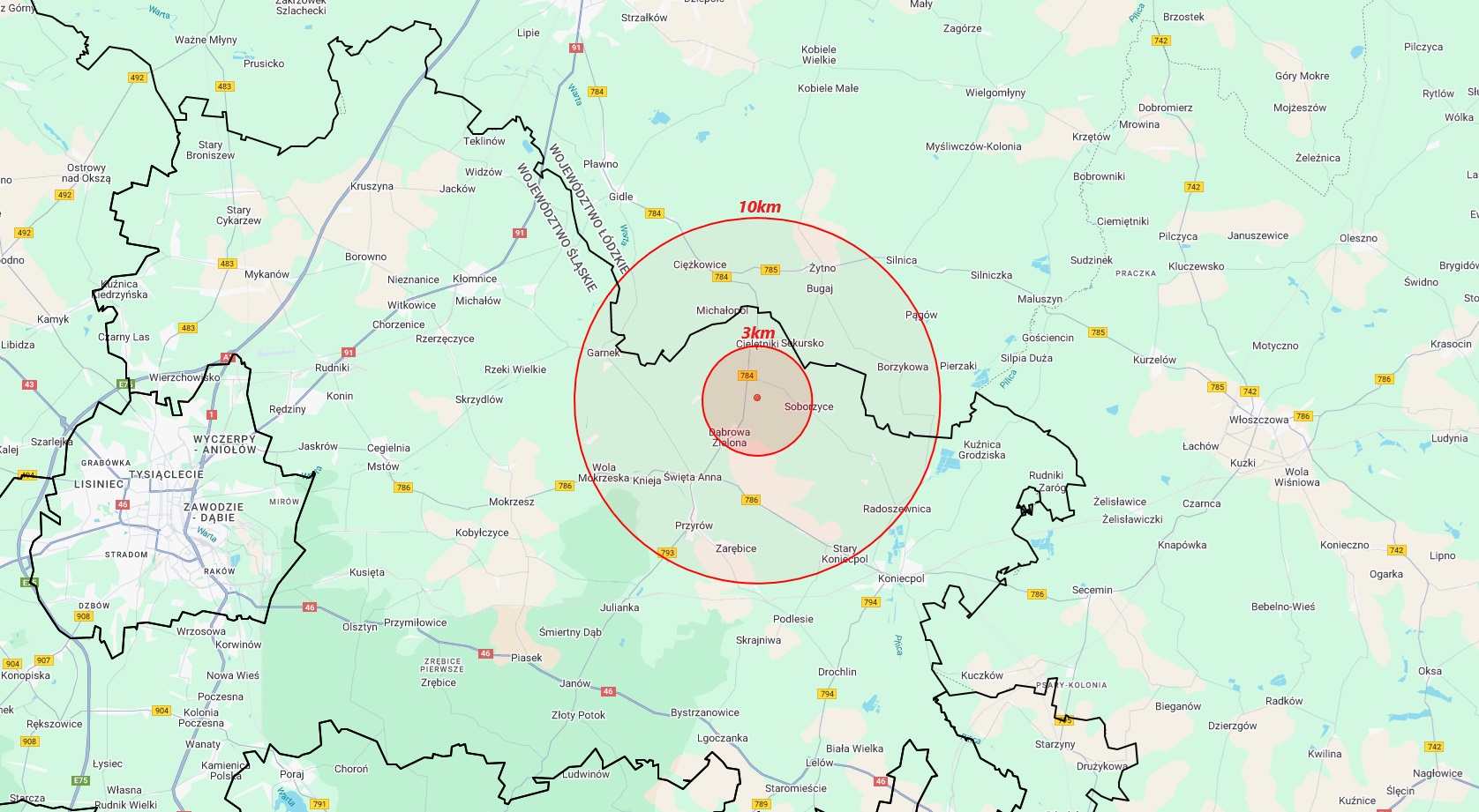 Mapa obszaru o dodatnich wynikach badań w kierunku grypy ptaków HPAI.