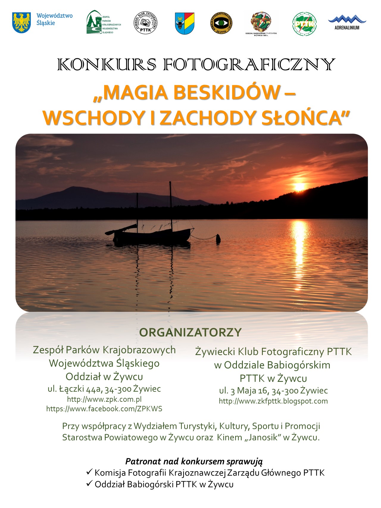 Plakat informacyjny dot VII edycji Ogólnopolskiego Konkursu Fotograficznego pn. „Magia Beskidów - wschody i zachody słońca”.