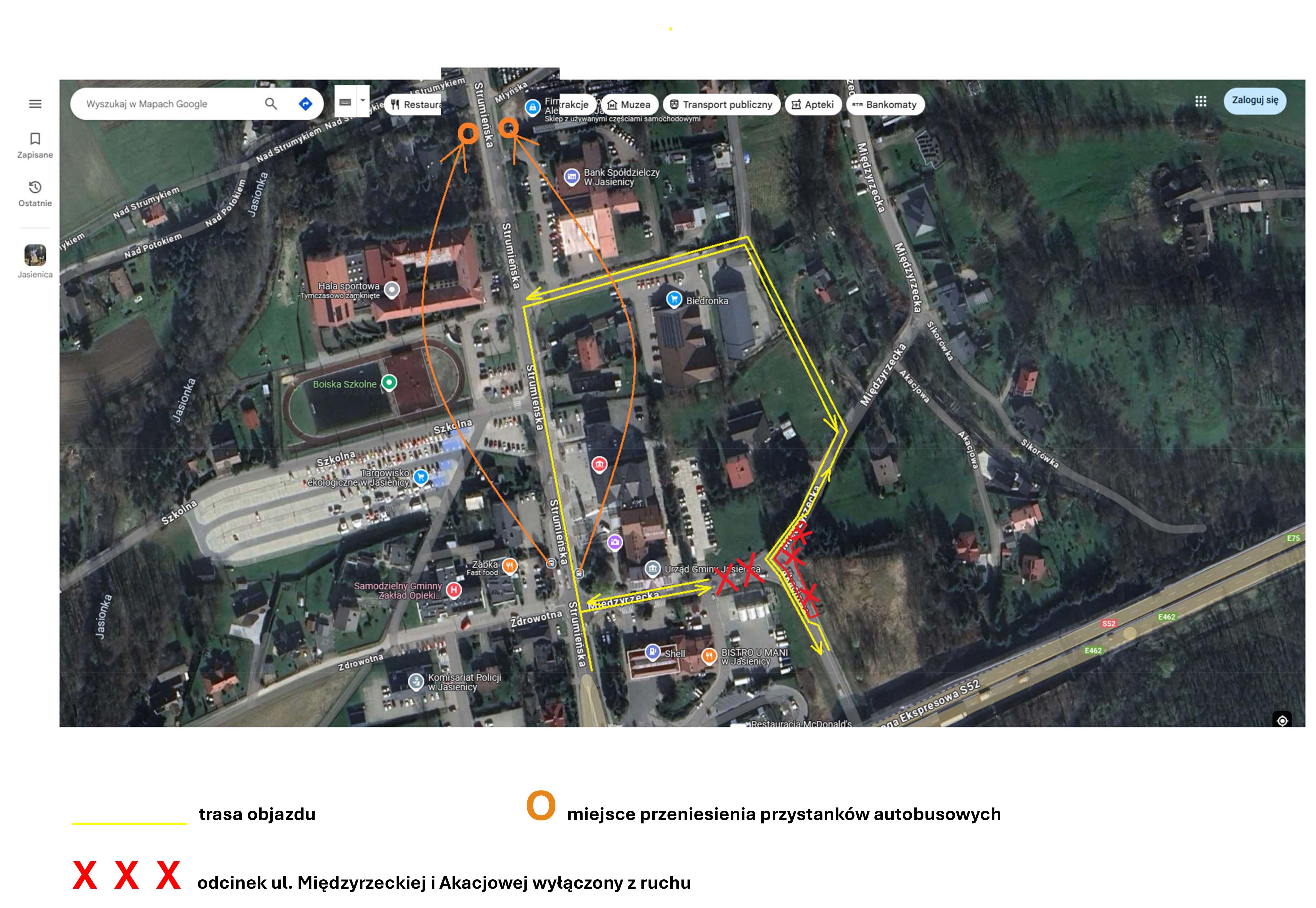 Mapa objazdu.