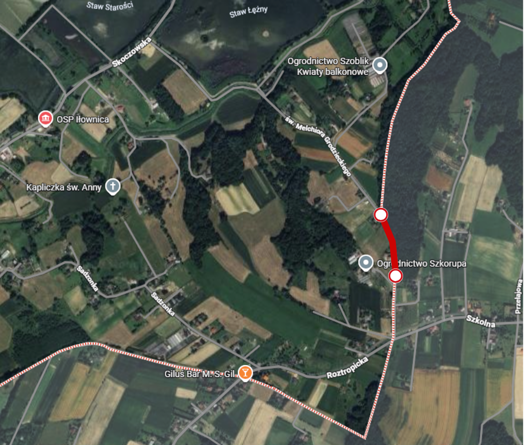 Mapa z zaznaczonym zamknięciem drogi.