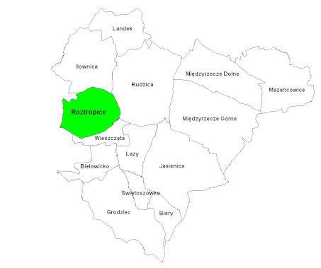 mapa gminy wyróżnione sołectwo Roztropice