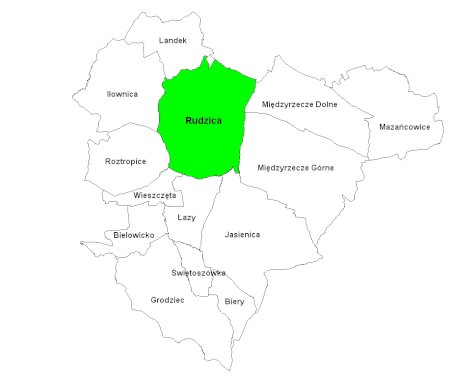 mapa gminy wyróżnione sołectwo Rudzica