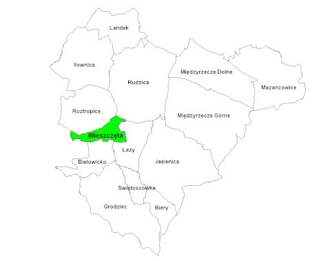 mapa gminy wyróżnione sołectwo Wieszczęta