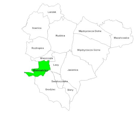 mapa gminy wyróżnione sołectwo Bielowicko