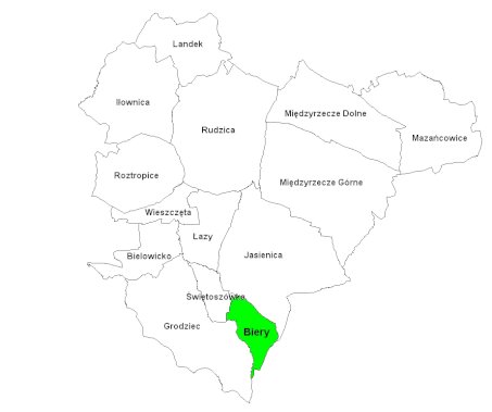 mapa gminy wyróżnione sołectwo Biery