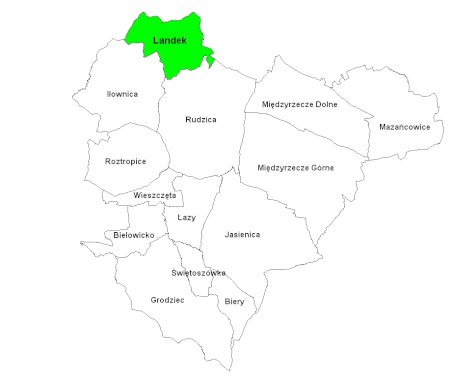 mapa gminy wyróżnione sołectwo Landek